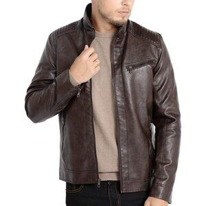 Men's Coffee Faux Leather Stand Collar Zipper Slim Fit Classic Biker Jacket